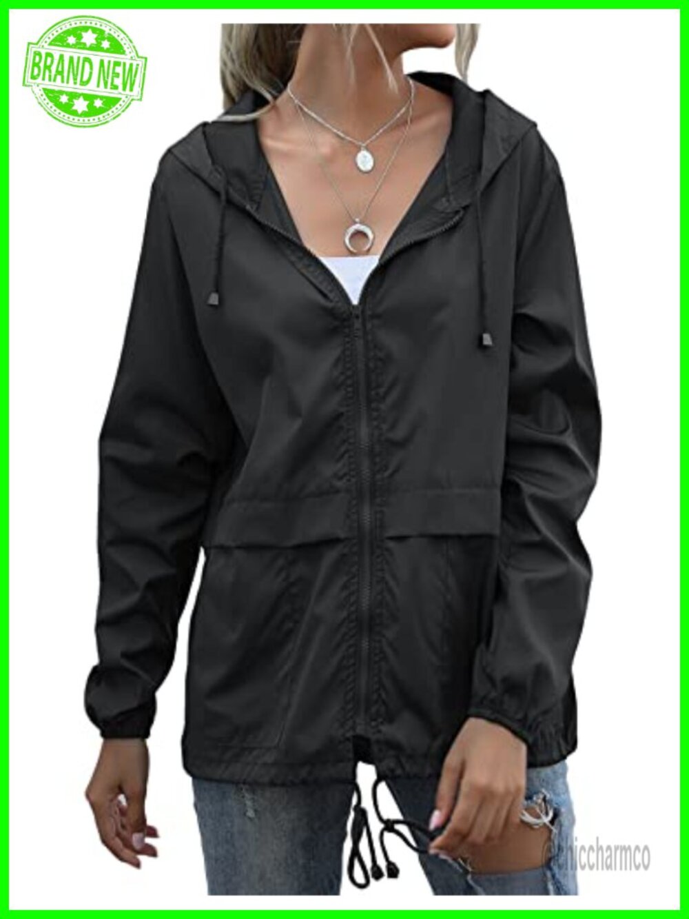 Women's Waterproof Lightweight Raincoat Hooded Windbreaker with Pockets